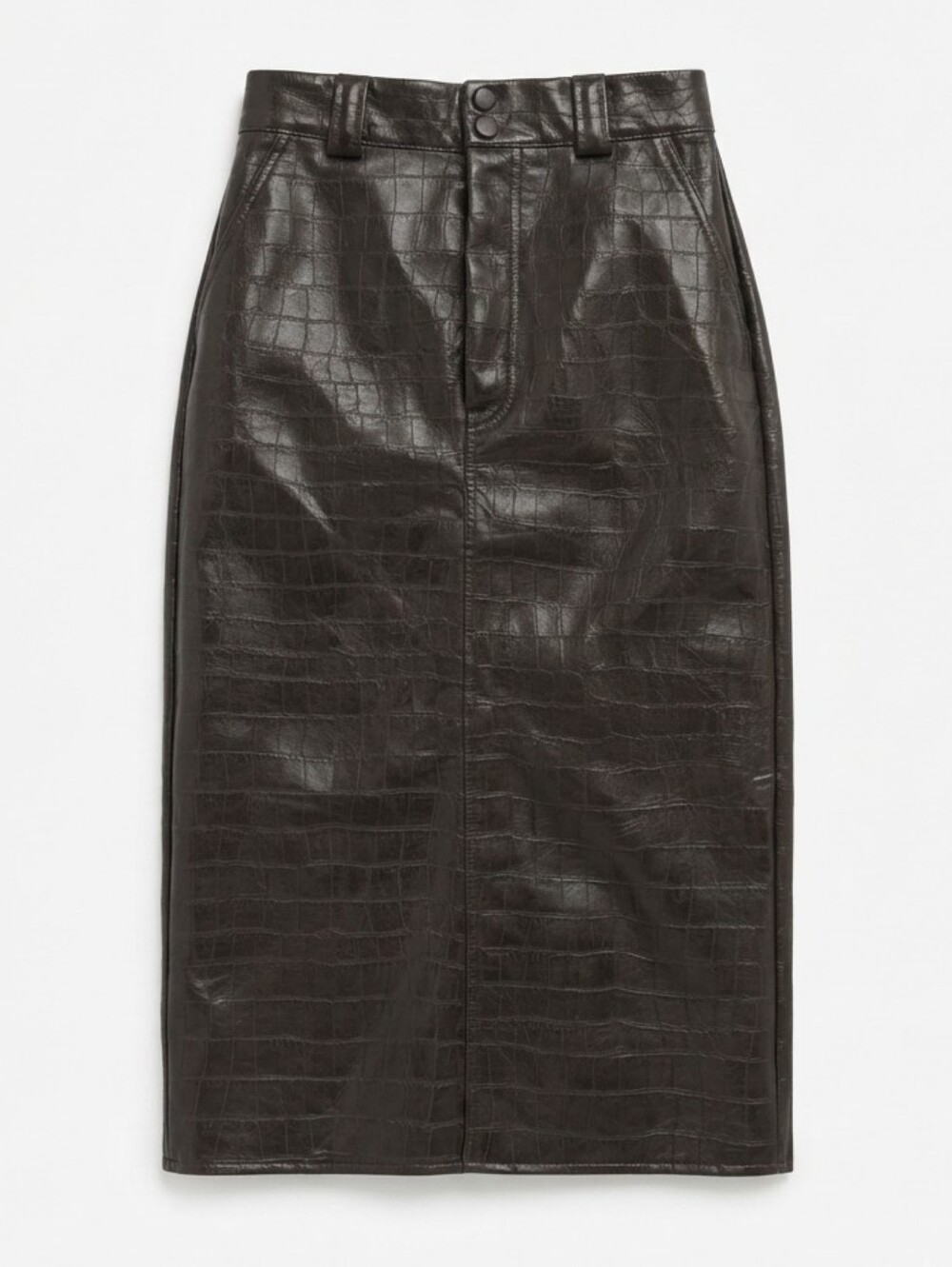 Faux Leather Croc-Embossed Midi Pencil Skirt - Brown